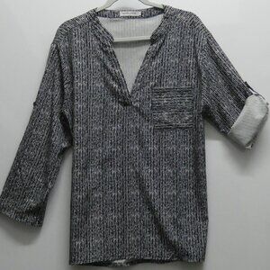 MISSLOOK Black & Gray Print V-Neck Roll-Tab Sleeve Career/Casual Tunic Size XL